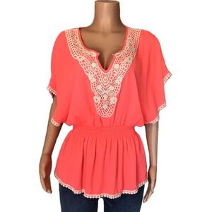 Miss Chievous Womens Neon Orange Caftan Sleeve Pom Pom Trim Blouse Top Size XL